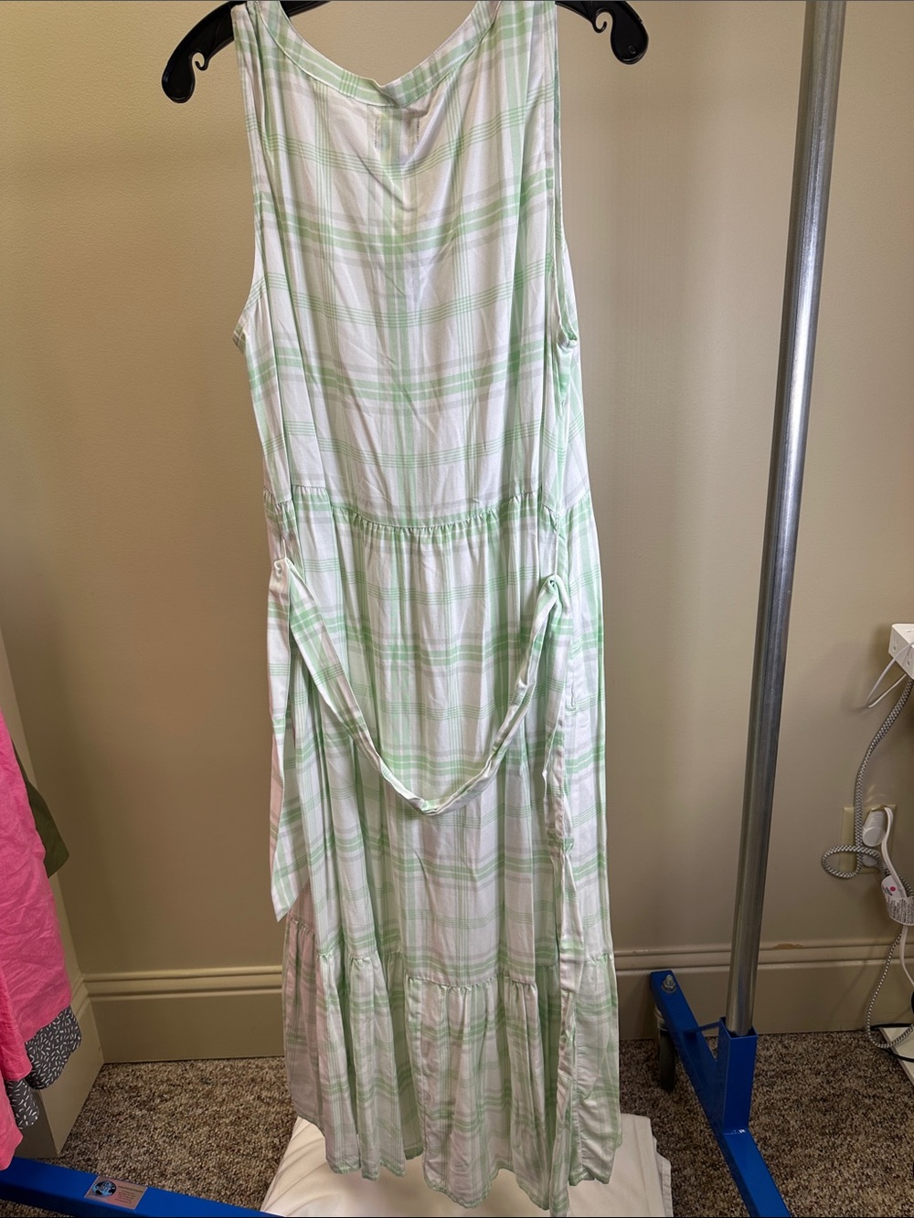 Chaps White and Light Green Plaid Sleeveless Maxi Dress with Button Front - Picture 3 of 3